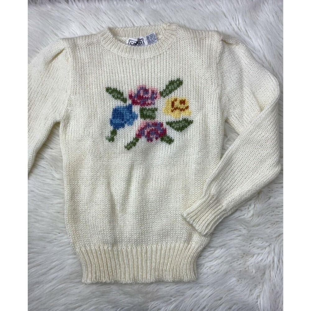 Vtg Erika Ivory Acrylic Sweater Floral Rose Design M - Picture 1 of 3